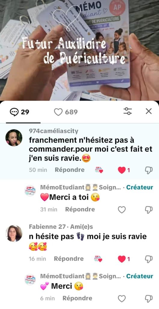 Capture TikTok : plusieurs clientes recommandent de commander les mémos Auxiliaire de Puériculture Mémo Étudiant.